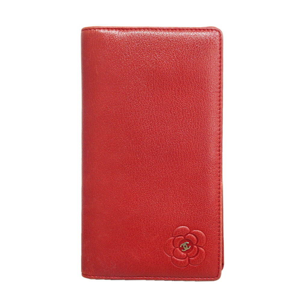 Chanel long wallet, Camellia design, leather, red, women's.